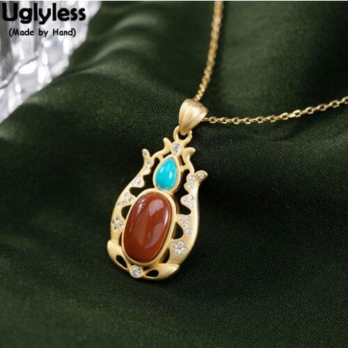 Uglyless Natural Agate Turquoise Necklaces for Women Ethnic Vintage Pendants with Chain Hollow Irregular Fine Jewelry 925 Silver