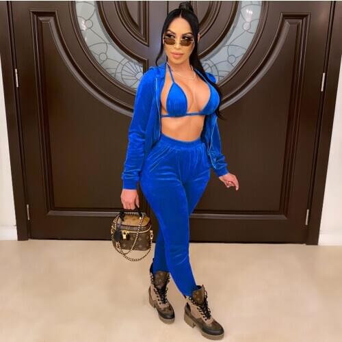 Women Running Sets Three Pieces Workout Clothes Fashion Solid Color Velvet Tracksuits Lace-Up Bra+Zipper Coat+Joggers Trousers