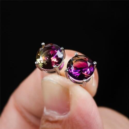 8MM Round Rose Red Yellow Zircon Stud Earrings For Women Vintage Fashion Silver Color Rainbow Stone Earrings Minimalist Jewelry