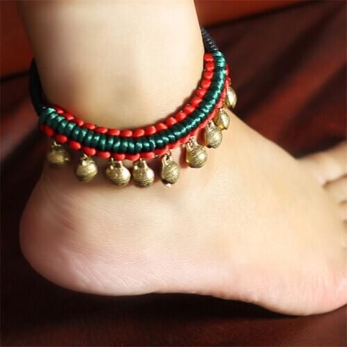 Women anklets new accessories DIY weaving bronze bells retro foot rope jewelry bracelet enkelbandje girl gift BT001