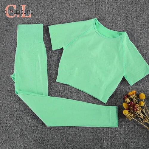 CHRLEISURE Solid Pants Set Women Seamless Sports Fitness Women Tracksuit Running Leggings Shorts Short Sleeve Tops Bra Push Up