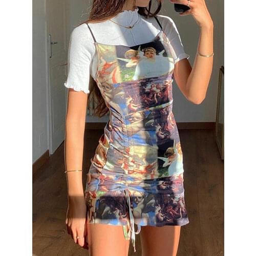 Tossy Printed Backless Night Dress Women Y2K Style Vintage Mini Bodycon Dress Sleeveless Fold Drawstring Skinny Party Vestidos