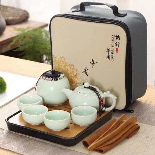 10Pcs/Set Portable Travel Kung Fu Drinkware Ceramic Teapot Porcelain Tea Cups Tea Caddy Sealed Storage Can With Bag and Tray