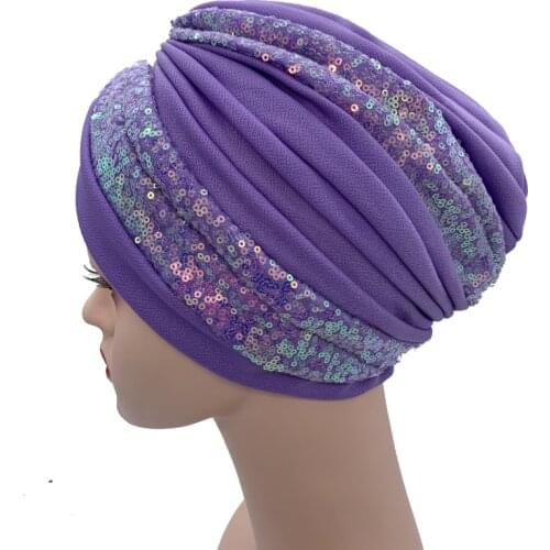 2021 Summer Breathable Sequins Turban Cap Womens Head Wraps Muslim Headscarf Cap India Hat Ready Hijab Bonnet Turbante Mujer