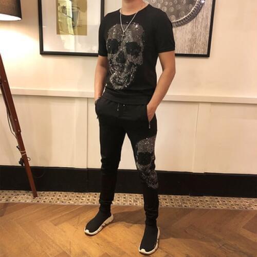 Freeship mens set rhinestone beading fashion bling sweatshirts/short sleeve T shirt with pants/elastic waist show/club/top