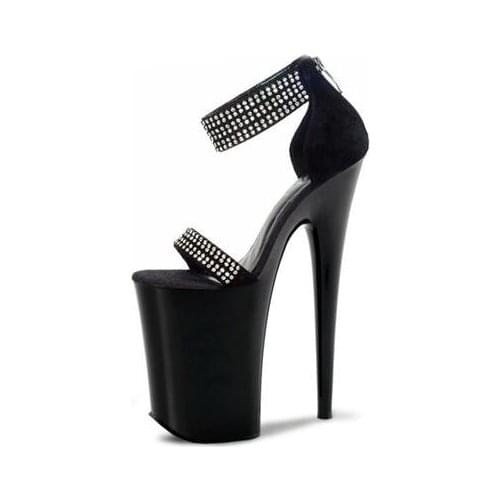 Sky High Heeled Crystal Strap Sandals For Women Black Patent Leather Ankle Warp Dress Shoes Peep Toe Platform Summer Dress Shoes