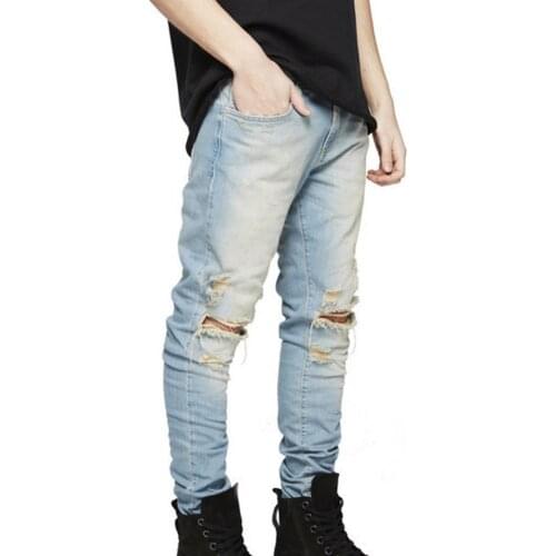 Trendy Men Ripped Hole Slim Jeans Tide Man Knee Wearing Scratched Skinny Denim Pants Streetwear Elastic Long Trousers