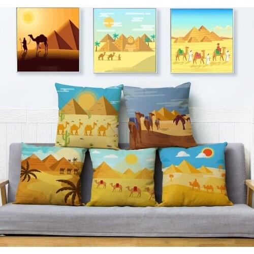 Egypt Desert Camel Pyramid Print Cushion Cover Cartoon Linen Pillow Covers 45*45 Throw Pillows Cases Sofa Home Decor Pillowcase