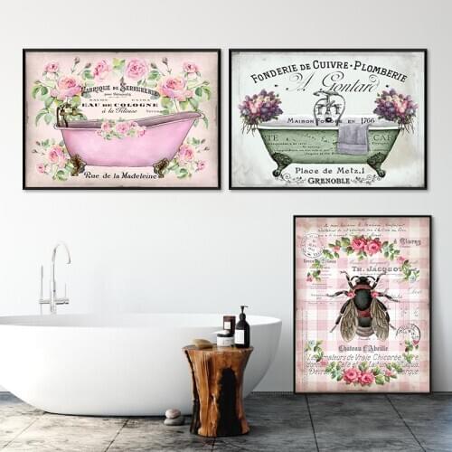 French Vintage Shabby Chic Bathtub Canvas Painting Bathroom Wall Art Pictures Decor Bee Pink Retro Posters and Prints Decoration