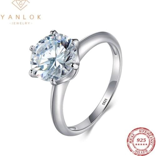 YANLOK Classic Round Cut Wedding Ring Solid 925 Sterling Silver Dazzling AAAAA CZ Finger Rings For Women Engagement Jewelry Anel