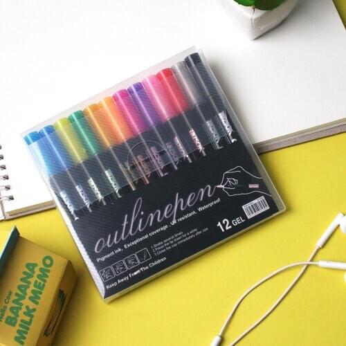 12pcs Contour Pen Outline Metallic Markers Double Line Shimmer Paint Pens Drawing Art Signature Coloring Journal