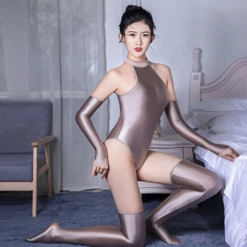 Langerie Set Sexy High Cut Bodysuit Thong Women Glossy Crotchless Turtleneck Bodysuit Erotic Lingerie With Glove Shiny Stocking