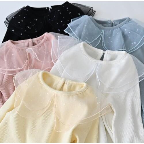 2021 Spring New Baby Girls Tshirts Kids Korean Solid Cotton Long Sleeve T-shirt Cute Net Yarn Doll Collar Soft Tops for Girls