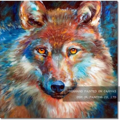 New Design Expert Artist Pure Hand-painted High Quality Modern Abstract Animal Colorful Timber Wolf Head Oil Painting on Canvas