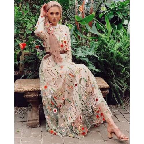 Aligaia Lace Embroidery Dress For Women 2021 Summer New Ramadan Eid Mubarak Vestidos Dubai Turkey Kaftan Muslim Fashion Dress