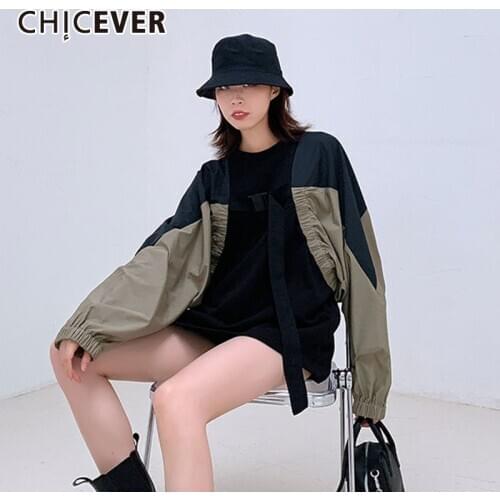 CHICEVER Casual Fake Two Tops For Women O Neck Long Sleeve Patchwork Hit Collar Loose Sweatshirt Female Fashion New Clothes 2021