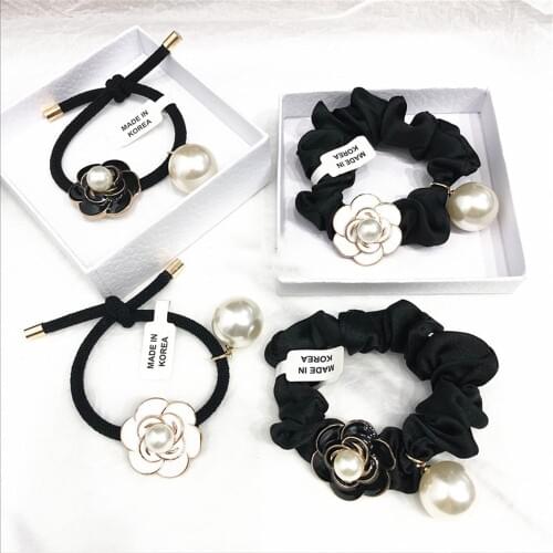 Women Hair Ties Scrunchies Bands Adult Black White Camellia Flower Pearl Fashion Girl Korean Accessories Handmade Wholesale
