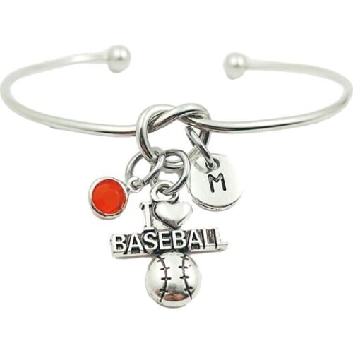 I Love Baseball Creative Initial Letter Monogram Birthstone Adjustable Bracelet Fashion Jewelry Women Gift Pendant