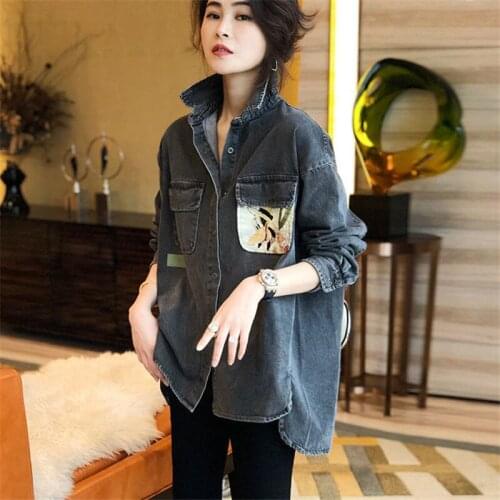 Retro Women Denim Shirt Jackets Blouses Stand Collar Loose Denim Jacket Spring Autumn Outwear 2021 New Fashion Female Coat Tops