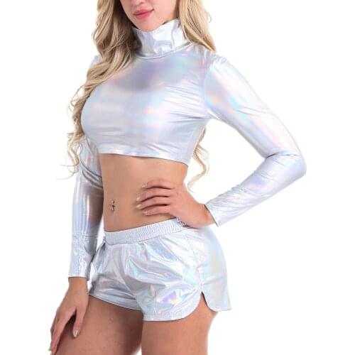 Women Shiny Patent Leather Long Sleeves Turtleneck Crop Top Gothic Punk Moto T Shirt Club Party Rave Costume Pole Dance Top Tees