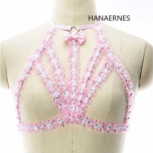 Women Pink Lace Body Harness Bra Chest Bondage Erotic Lingerie Cage Bra Festival Clothing Body Cage Chain Harness Goth Clothes