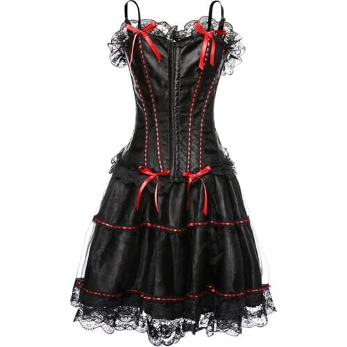 Sexy Womens Boned Lace up Adjustable Strap Corset Dress Suit Corsets Outwear Satin Lace Overlay Skirt 3 pieces Set Party Corset