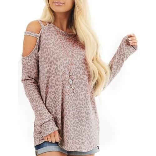 Women Casual Leopard Printing Long Sleeve O Neck Pullover tops women long sleeve Strapless hollow out floral print shirt tops