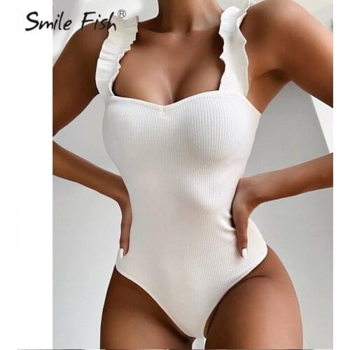 Bodysuits Sexy Female Swimsuit Vintage One Piece Ruffled Push Up Solid Red Swimwear Women Monokini Padded Bathing Suits M0711
