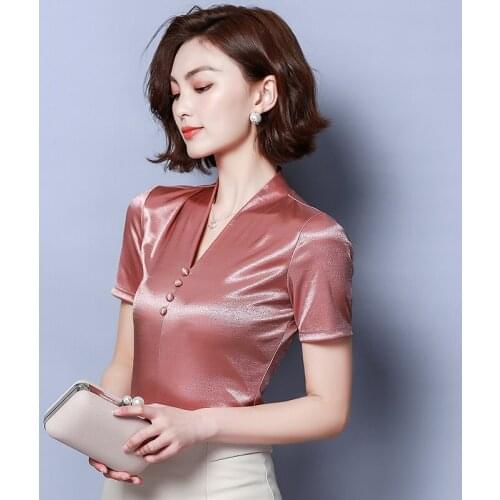 Womens 100% Pure Silk Satin Fabric Top Shirt Blouse V Neck short sleeve solid colors