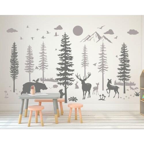 Large Woodland Pine Tree Bear Mountain Wall Sticker Bedroom Deer Jungle Forest Zoo Bird Animal Sun Nature Wall Decal