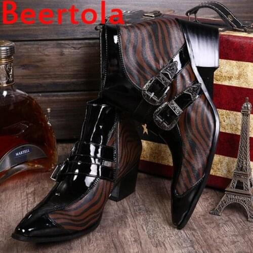 Patent Leather And Horse Hair Mens Boots Two Buckle Side Zipper Ankle Boots Men Homme Masculino High Quality Shoes Male