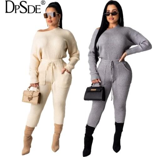 DPSDE Keep Warm Casual Gray Two Pieces Women Set Winter O Neck Full Sleeve Belt Loose Top Bodycon Long Streetwear Sweater Pants