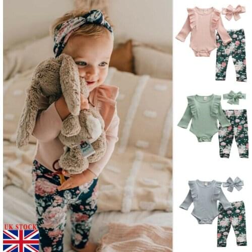 Lioraitiin 0-24M Newborn Kid Baby Girl Floral Clothes Set Solid Cotton Jumpsuit Bodysuit Print Flower Pants Headband 3PCS Outfit
