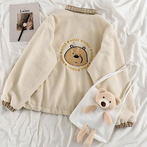 Korean Ins Turn Down Collar Zip-up Jacket Funny Cartoon Bear Long Sleeve Jackets Autumn 2021 Casual Warm Soft Both Side Coat