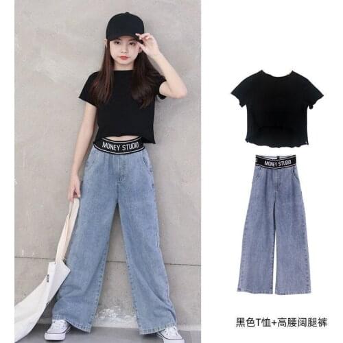 Summer Girls' Wide-Leg Pants Suits, Big Childrens Short-Sleeved Sports Two-Piece Suit, Western Style Childrens Clothing