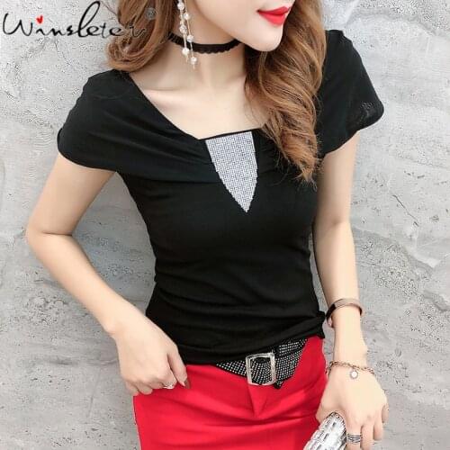 Summer European Clothes Cotton T-Shirt Fashion Sexy Shiny Diamonds Women Tops Patchwork Mesh Short Sleeve Slim Tees New T15230A