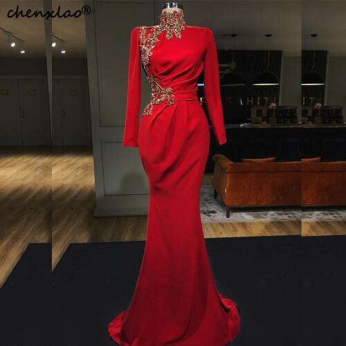 New Red Evening Dresses High Collar Full Sleeves Beaded Mermaid Evening Dress Formal Party Gowns Vestidos