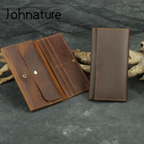 Johnature Handmade Cow Leather Long Wallet Men Crazy Horse Phone Purse Vintage Solid Color Hasp Wallets Card Holder Passport Bag