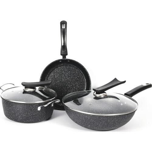 Medical stone thicken soup rice stew pot frying pan set three piece non stick wok glass lid breakfast milk pot gift box