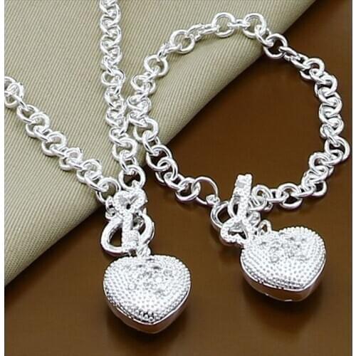 New Aaa Zircon Heart-Shaped 925 Sterling Silver Bracelet Necklace Set For Female Engagement Party Wedding Fashion Charm Jewelry