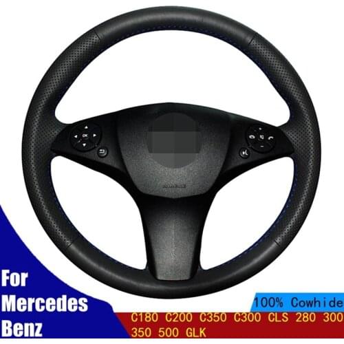 Car Steering Wheel Cover Black Genuine Leather Hand-stitched For Mercedes Benz C180 C200 C350 C300 CLS 280 300 350 500 GLK