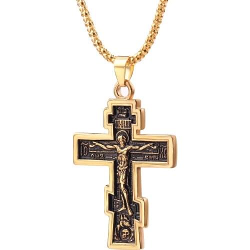Wholesale Christian Orthodox Crucifix Jesus Necklace Russian Cross Prayer Pendant INRI Crucifix Cross Pendant Necklace Men
