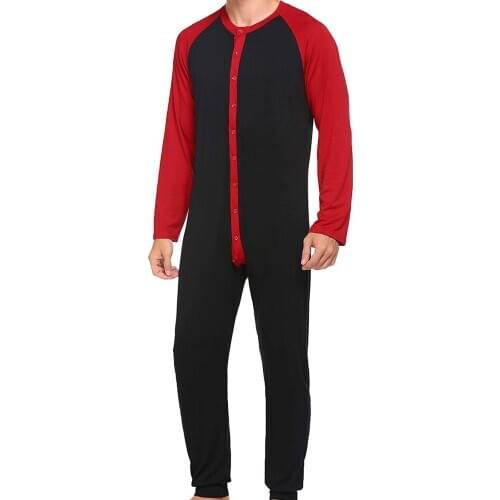 New Fashion Men Assorted Color One-piece Pajama, Long Sleeve Round Collar Button Open Front Nightdress, Black/ Grey/ Blue