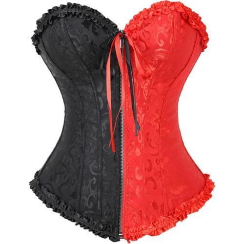 Sexy Overbust Corset with Zipper Front Burlesque Plus Size Brocade Floral Corsets and Bustiers Lingerie Tops Vintage Korsett