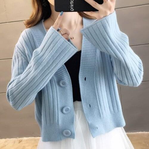 DTSTARZG Short sleeve knitted sweater cardigan women 2020 Korean cute V-neck button coat womens casual blue sweater