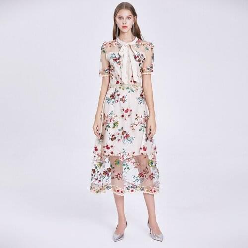 Vintage Hepburn Women High-End Embroidery Flower Mesh Dress Summer Lady Fashion Short Sleeve Lace-Up Bow Collar Party Dress