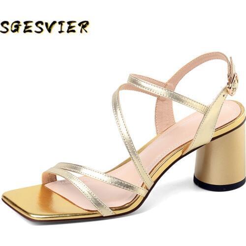 SGESVIER Women Genuine Leather Concise Sandals Round High Heels Buckle Strap Sandals Summer Peep Toe Daily Shoes Woman Gold