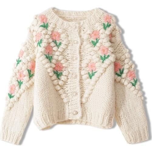 2020 Women Jumpers High Quality Women Sweater Floral Embroidery Hollow Out Chic Knit Japan Style Pearl Beading Cardigans Luxury