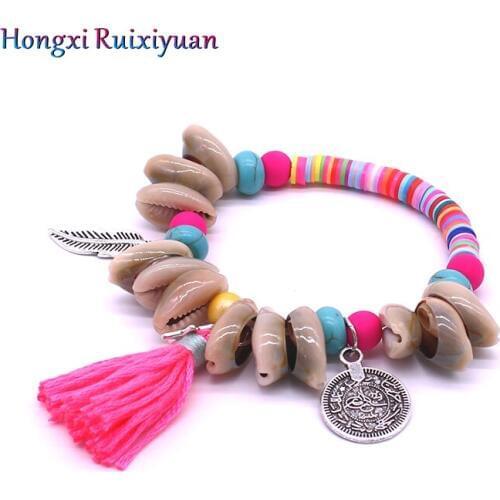 Shell bracelet bohemian handmade tassel natural shell beaded bracelets for women summer colorful soft ceramic beads bracelet
