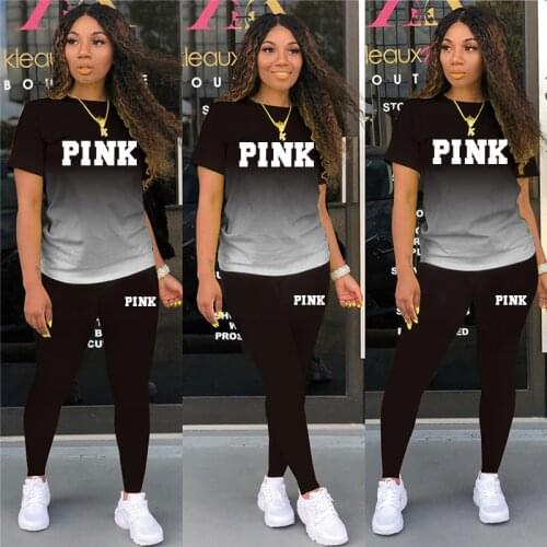 Tracksuit Women Two Piece Sets Casual Cotton Gradient Print Pullover Short Sleeve O-neck Sports Trousers Suit Summer Clothing